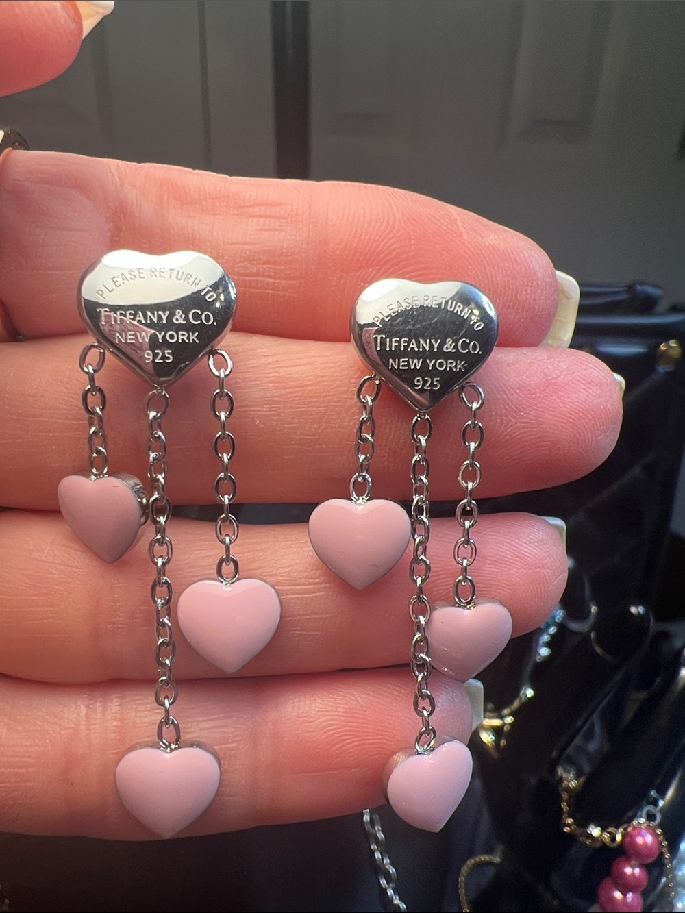 Silver Hearts with Heart Drop Dangles Charms in Silver and Pink Enamel